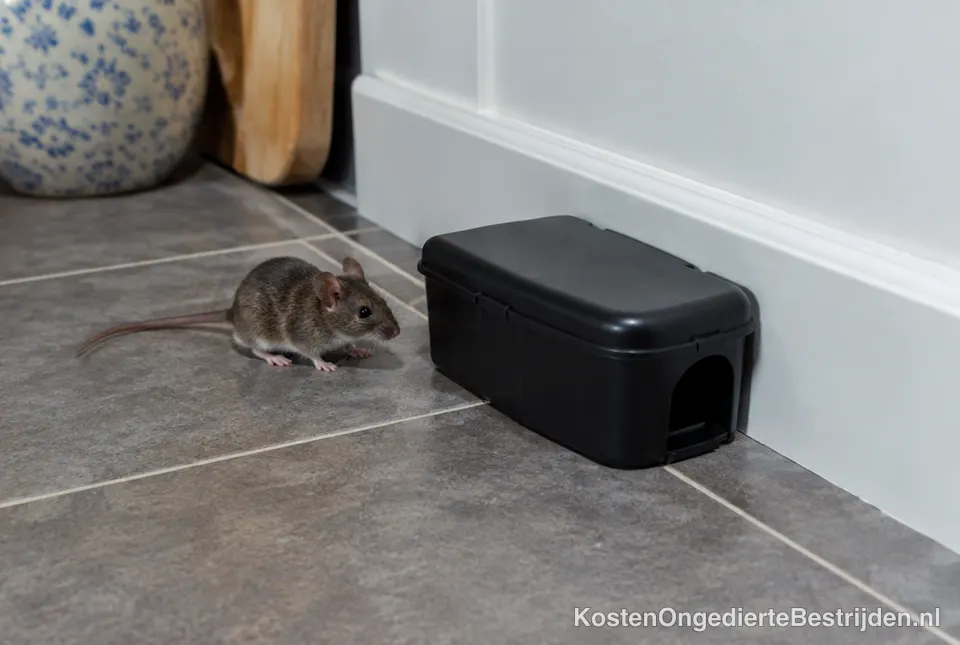 Muis naast een afgesloten lokdoos langs de plint in een keuken
