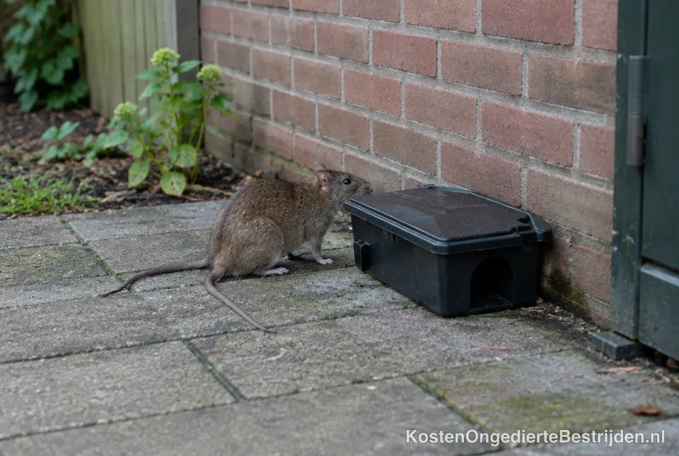 Rat naast een lokdoos tegen de muur van een schuur in de tuin